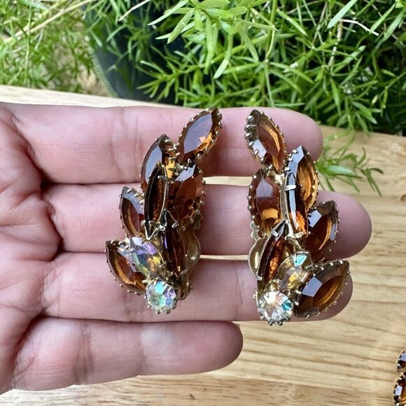 VTG Statement‎ Earrings 1.75" Match 4" Brooch AB Rhinestone Topaz Glass Navettes - Picture 4 of 9